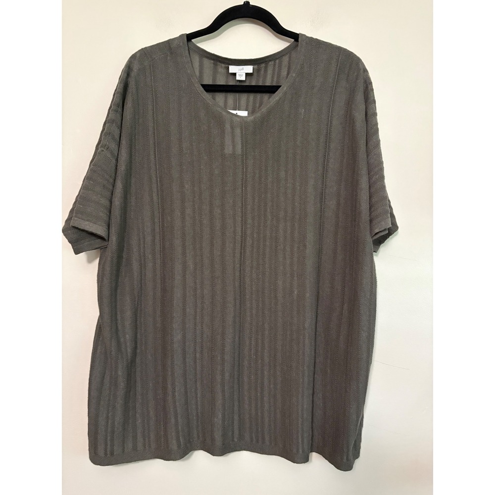 J. Jill Linen Blend Knit Top Size L Taupe Short Sleeve Semi Sheer Pullover NWT